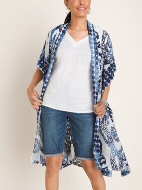 New NWT Chico's S/M Calm Blue Knit Filigree Burnout Goddess Long Ruana Jacket